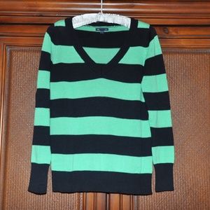 THE GAP Mint Green and Navy Striped V-Neck Sweater